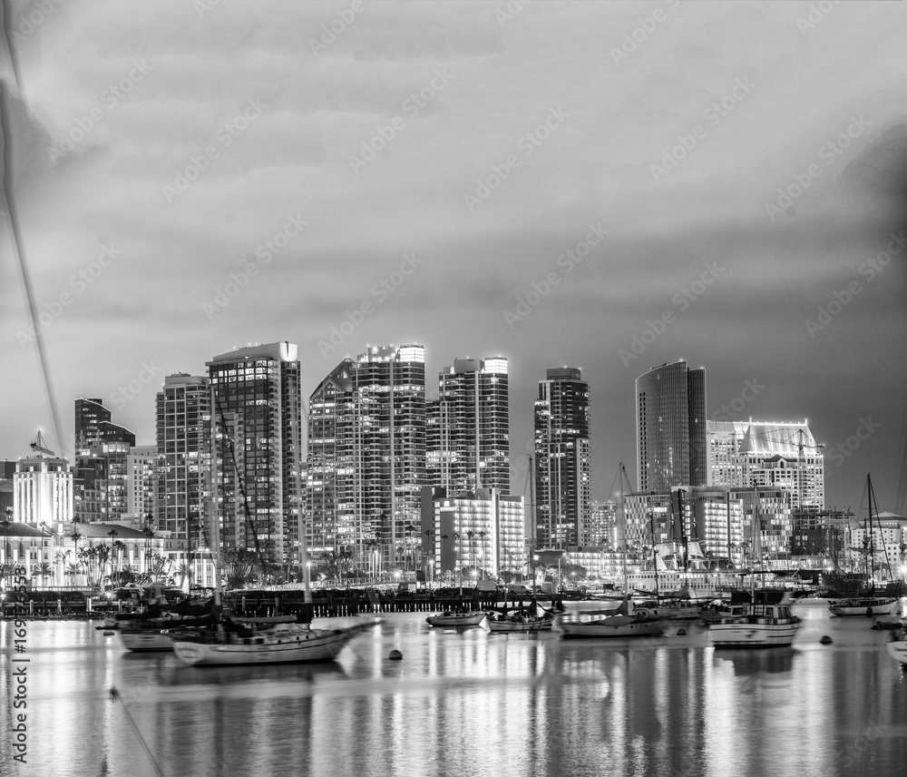 San Diego, California. Night view of Downtown buildgs with water reflections San Diego, California. Night view of Downtown buildgs with water reflections