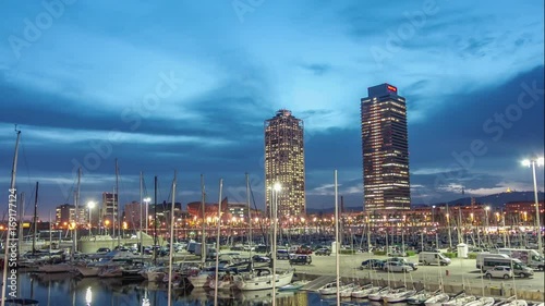 Twilight hyperlapse with port Olympic of Barcelona, Barcelona, Spain. photo