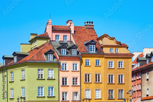 Beautiful colored old European houses in the center of the old town in Warsaw, Poland