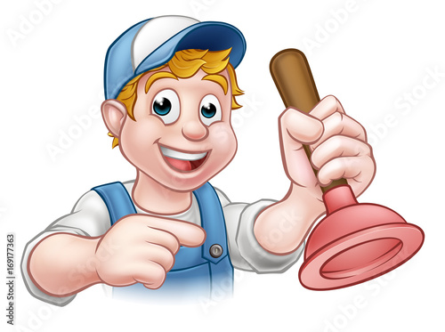 Handyman Plumber With Plunger Cartoon Character