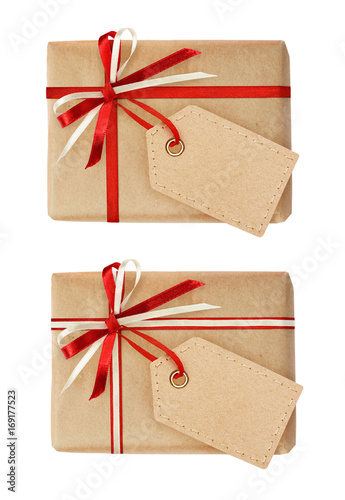 Set of gift boxes with ribbon bow and a tag