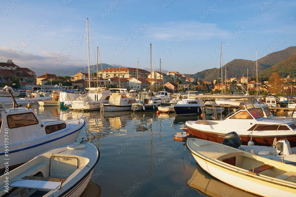 Fishing boats in Marina Kalimanj  in Tivat town on a sunny autumn day.  Montenegro