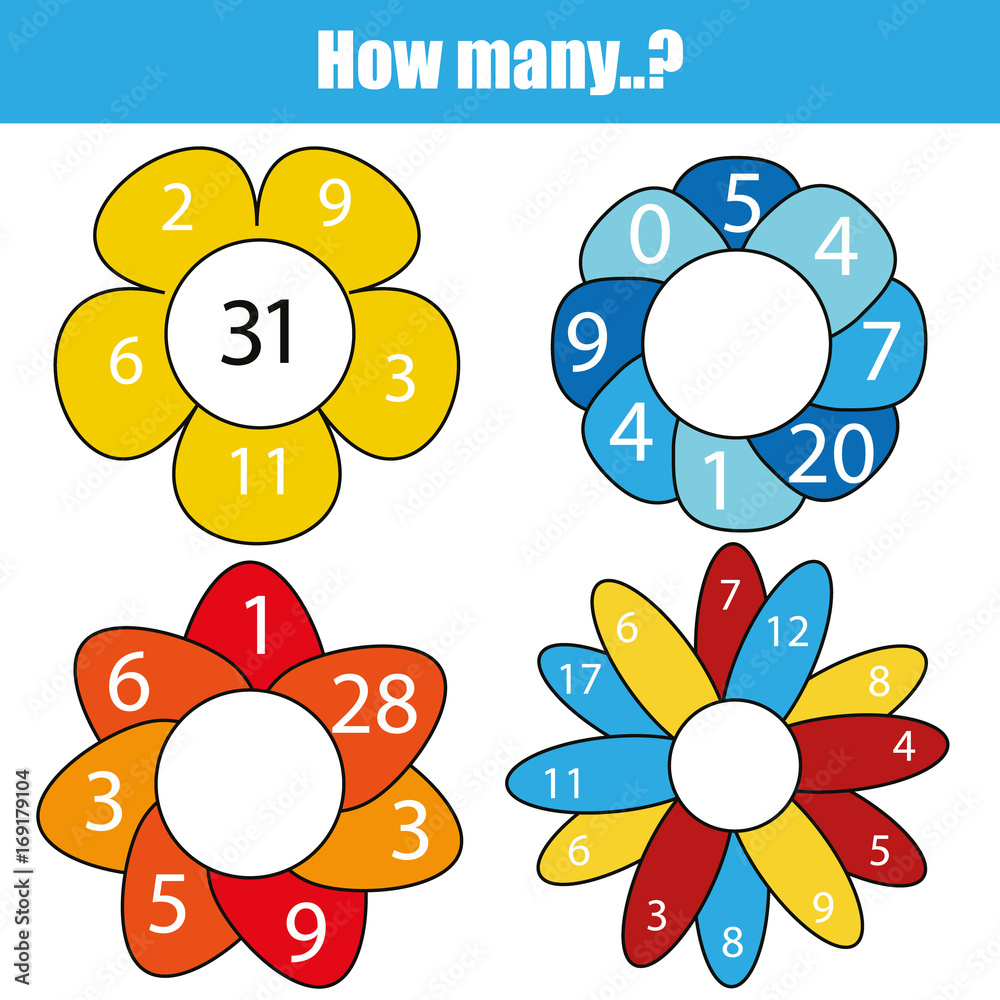 Counting educational children game, kids activity worksheet. How many objects task. Mathematics for toddlers