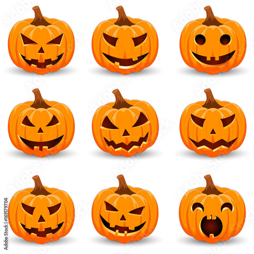 Set pumpkin on white background. The main symbol of the Happy Halloween holiday. Orange pumpkin with smile for your design for the holiday Halloween. Vector illustration.