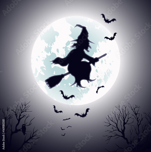 Witch Flying on Broomstick Vector Template