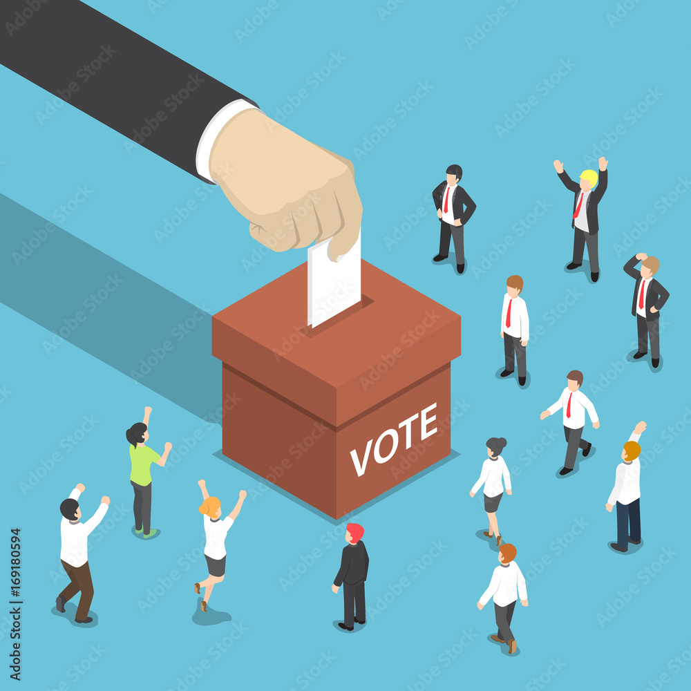 Isometric businessman hand put voting paper in the ballot box. Isometric businessman hand put voting paper in the ballot box.