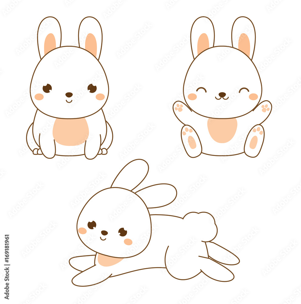 Cute rabbit. Kawaii Bunny. White hare sitting and jumping. Cartoon animal  character for kids, toddlers and babies fashion Stock Vector | Adobe Stock