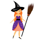 Cute Halloween witch. Beautiful girl in Halloween Costume dress holding broom