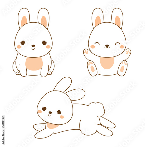 Cute rabbit. Kawaii Bunny. White hare sitting and jumping. Cartoon animal character for kids, toddlers and babies fashion