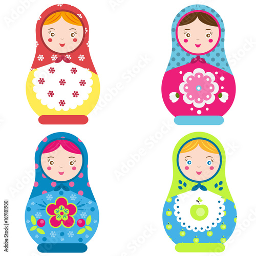 Matryoshka set. Traditional russian nesting dolls. Smiling Matreshka icon. Vector illustration