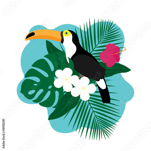 Exotic Toucan Bird, Colorful Hibiscus Flowers Blossom and Tropical Leaves, Isolated on White Background. Vector illustration.