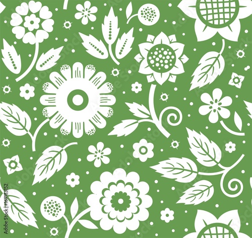 The flowers and leaves, decorative background, seamless, green, vector. White decorative flowers and leaves on a green background. Floral seamless pattern. 
