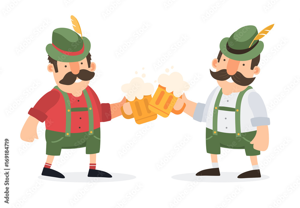Oktoberfest. Two funny cartoon mens in traditional Bavarian costume with beer mugs celebrate and have fun at Oktoberfest beer festival. Vector illustration.