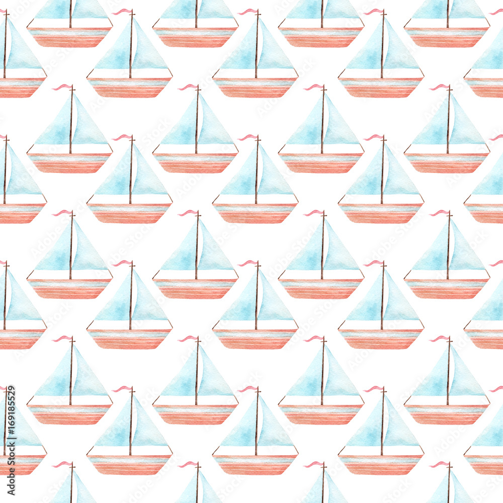 Simple watercolor toy sail boat seamless pattern