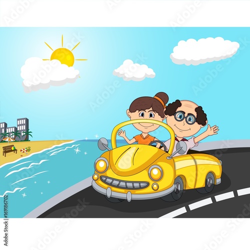 Car, a couple old passengers with beach background cartoon