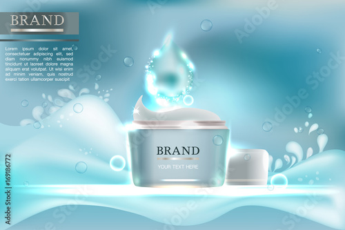 Cosmetic container with advertising background ready to use, light blue skin care ad. Illustration vector