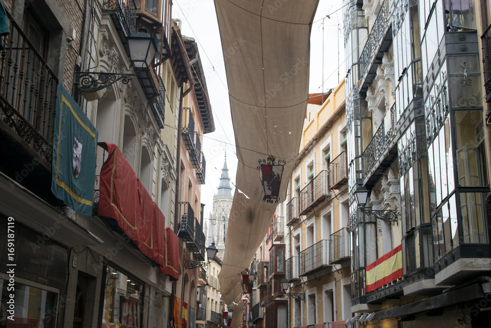 Awnings are displayed in the streets of Toledo, Spain
