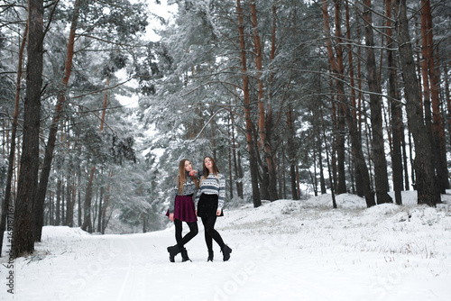 Two young teenage hipster girl friends together.Close up fashion portrait of two sisters hugs and having fun winter time,wearing sweater,best friends couple outdoors, snowy weather