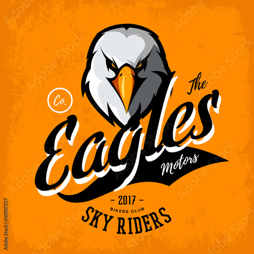 Vintage furious eagle bikers gang club vector logo concept isolated on orange background. 
Street wear mascot badge design. Premium quality wild bird emblem t-shirt tee print illustration.