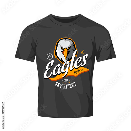 Vintage furious eagle bikers gang club vector logo concept isolated on black t-shirt mockup.
Street wear mascot badge design. Premium quality wild bird emblem t-shirt tee print illustration.