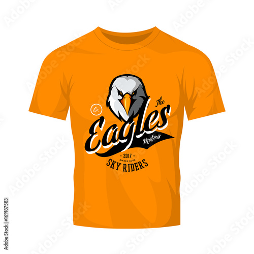 Vintage furious eagle bikers gang club vector logo concept isolated on orange t-shirt mockup.
Street wear mascot badge design. Premium quality wild bird emblem t-shirt tee print illustration.