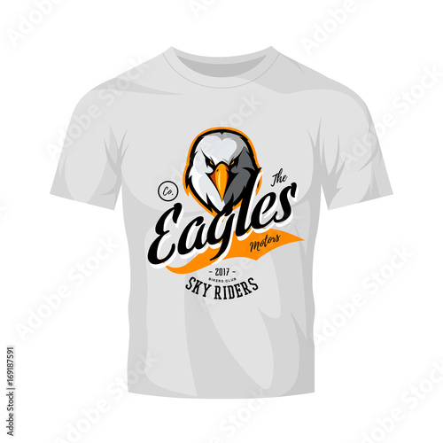 Vintage furious eagle bikers gang club vector logo concept isolated on white t-shirt mockup.
Street wear mascot badge design. Premium quality wild bird emblem t-shirt tee print illustration.