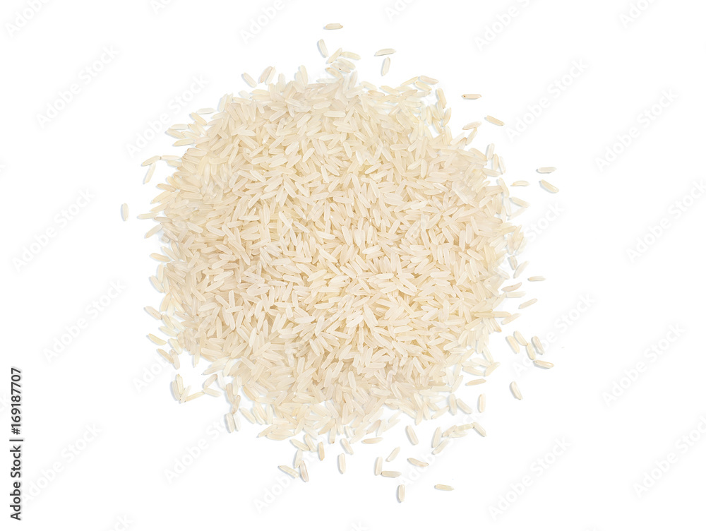 Top view of a heap of raw parboiled rice isolated on white background. Healthy food. Close up, high resolution product Top view of a heap of raw parboiled rice isolated on white background. Healthy food. Close up, high resolution product