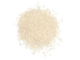 Top view of a heap of raw parboiled rice isolated on white background. Healthy food. Close up, high resolution product