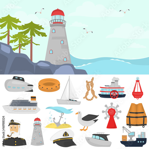 Set of shipping color flat icons. Lighthouse on the beach color illustration for web and mobile design