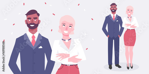 Man and woman in business suits. Business concept. Couple of celebrities.