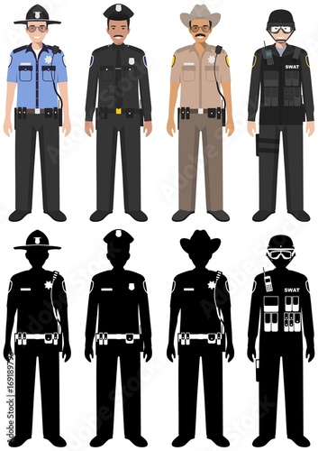 Police people concept. Set of different detailed illustration and silhouettes of SWAT officer, policeman and sheriff in flat style on white background. Vector illustration.