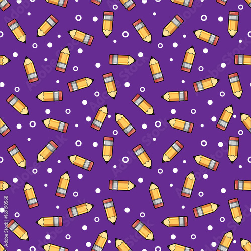 Pattern yellow pencil wooden and pink eraser on a violet background
