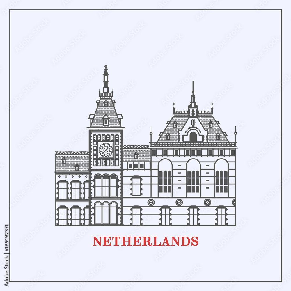 Amsterdam Central Station Clock Tower.Amsterdam buildings skyline. Flat line set of architecture of Netherlands. Template for tourist guides and books, banners, flyers, graphic and web design.