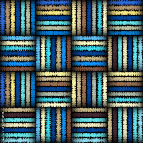 Imitation of geometric embroidery pattern. Colored lines on a black background. Ethnic and tribal motifs. Seamless vector background in the bohemian style.