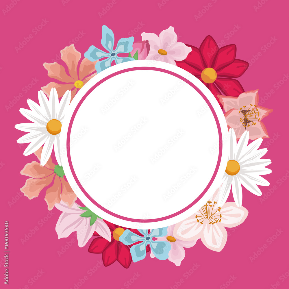 pink background with decorative circular border with colorful flowers around vector illustration