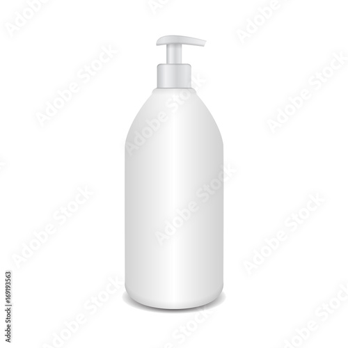 Realistic cosmetic plastic bottle with dispencer mockup. Vector 3d brand template