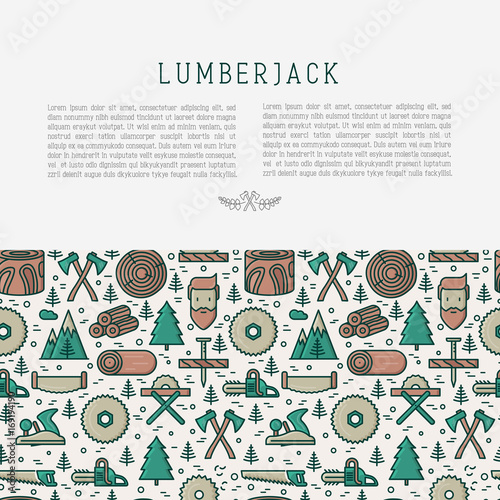 Wallpaper Mural Logging and lumberjack with beard concept and related thin line icons: jack-plane, sawmill, forestry equipment, timber, lumber. Vector illustration for banner, web page, print media. Torontodigital.ca