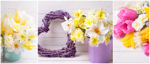 Fototapeta Naklejka Na Ścianę i Meble -  Collage from photos with  yellow  daffodils and tulips  flowers, decorative heart on  wooden planks.