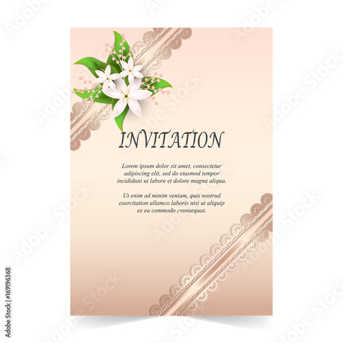 Wedding card, Invitation card with ornamental and flora bouquet on rose quartz color background