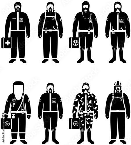 Chemical industry concept. Set of different silhouettes workers in differences protective suits on white background in flat style. Dangerous profession. Vector illustration.