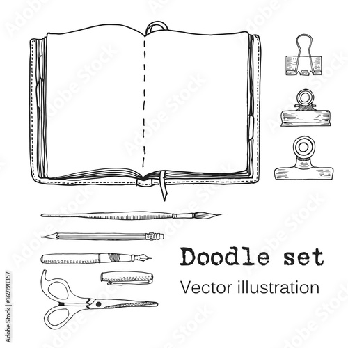 Vector Set of Sketch Notebooks, Notepads and Diaries. Office stuff. Doodle writing supplies, pen, pencil, scissors. Hand drawn illustration. Cool design elements for infographic. School