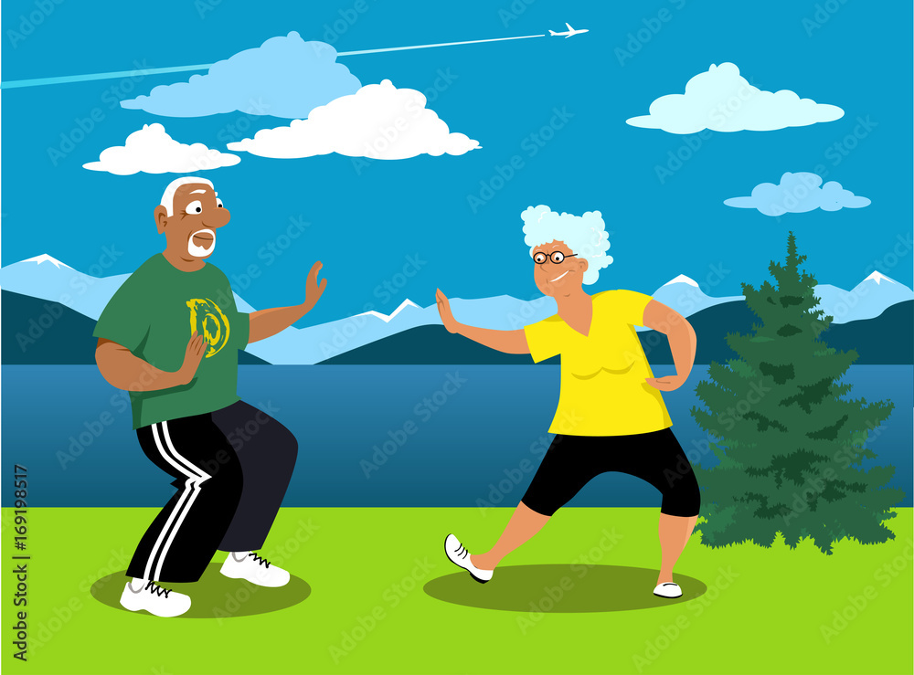Senior couple practicing tai chi outside in a park, EPS 8 vector illustration
