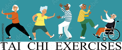Diverse group of senior citizens doing tai chi exercise, EPS 8 vector illustration