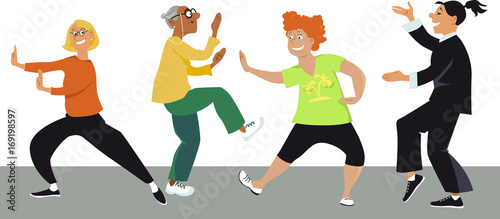 Diverse group of mature women doing tai chi exercises with an instructor, EPS 8 vector illustration