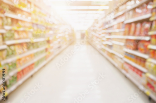 Empty Supermarket aisle shelves abstract blur defocused business background