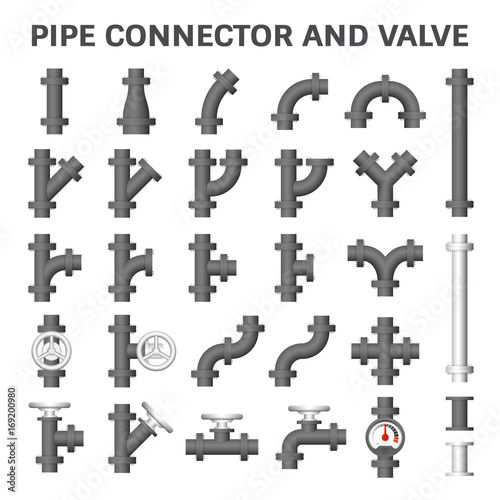 Pipe icon and flange fitting. Include control valve and pressure gauge. For pipeline construction and transportation liquid or gas i.e. oil, natural gas. Also for sewage, plumbing and irrigation.