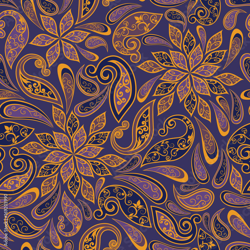 Abstract vintage pattern with decorative flowers, leaves and Paisley pattern in Oriental style.