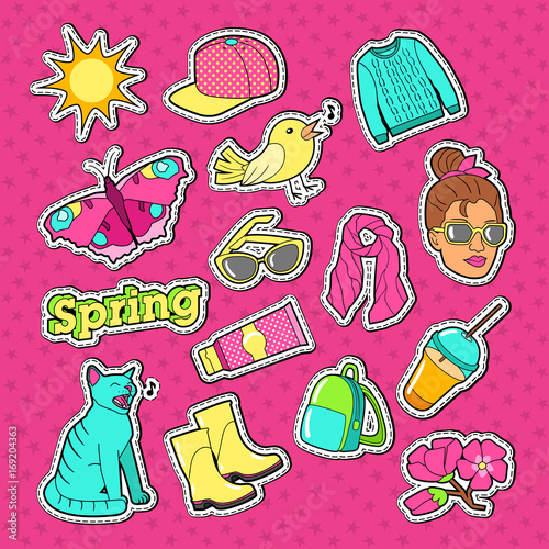 Woman Fashion Style Stickers, Badges and Patches with Girl, Sunglasses and Accessories. Vector illustration