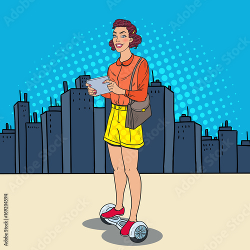 Pop Art Woman with Tablet Riding Gyroscooter in the City. Electric Self-Balancing Urban Transport. Vector illustration