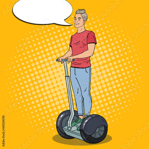 Pop Art Young Man Driving Segway. Urban Transport. Vector illustration